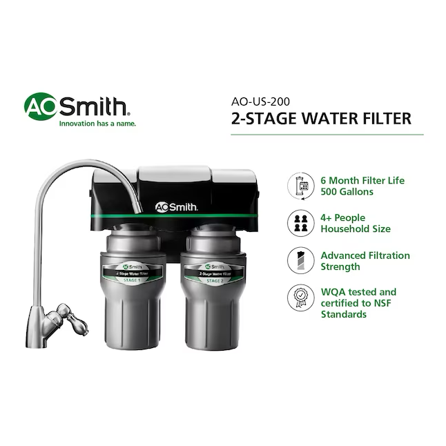 A.O. Smith 2-Stage Carbon Block Under Sink Water Filtration System with Brushed Nickel Faucet