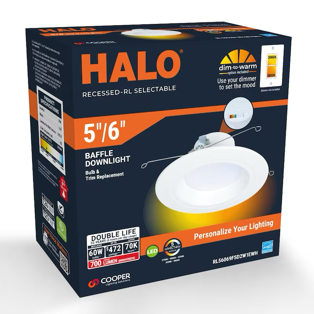 HALO Matte White 5-in or 6-in 700-Lumen Switchable Round Dimmable LED Canless Recessed Downlight