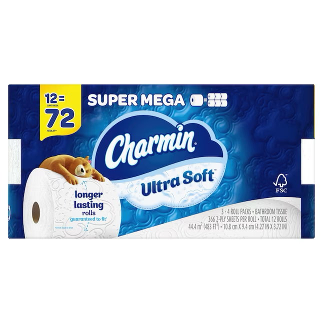 Papel higiénico Charmin Ultra Soft Super Mega, paquete de 12, 2 capas