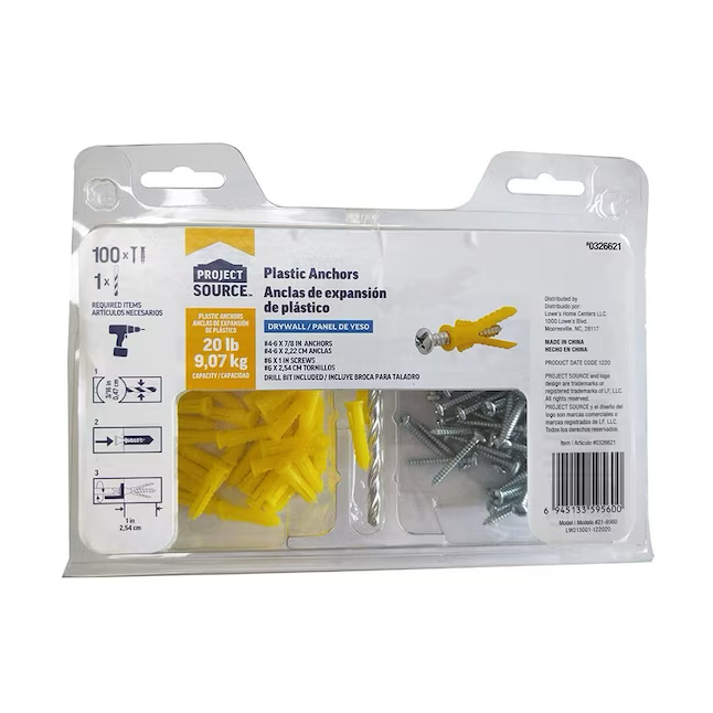 Project Source 20-lb 1/5-in x 7/8-in Drywall Anchors with Screws Included (100-Pack)