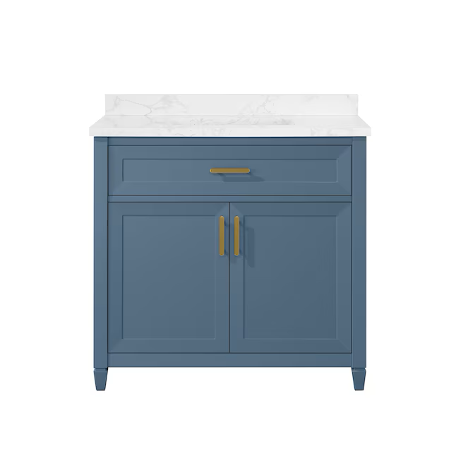 Mueble de baño de un seno bajo encimera de 36 pulgadas en color azul Chambray de Allen + Roth Lancashire con encimera de piedra artificial blanca