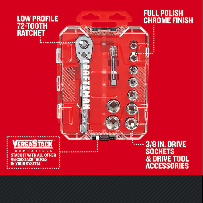 CRAFTSMAN VERSASTACK Mechaniker-Werkzeugsatz, metrisch, poliertes Chrom, mit Hartschalenkoffer, 11-teilig