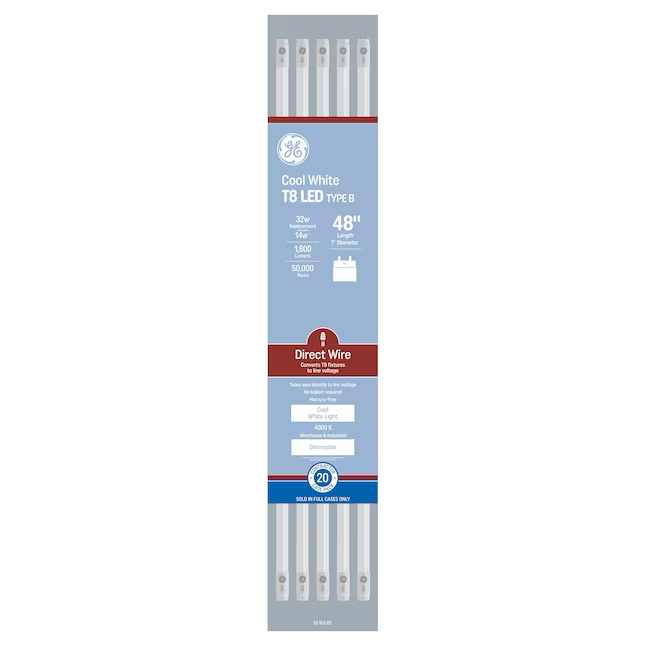 GE DLC-zertifizierte, direkt verdrahtete 32-Watt-EQ T8 Kaltweiß-G13-dimmbare LED-Glühbirne (20er-Pack) 