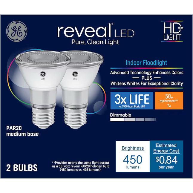 GE Reveal HD 50-Watt EQ PAR20 Farbverstärkende dimmbare LED-Glühbirne mit mittlerem Sockel (e-26) (2er-Pack)