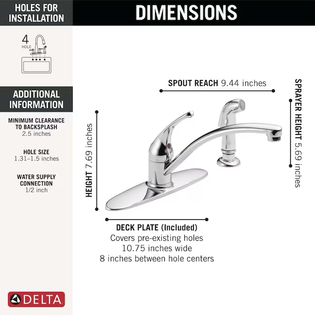 Grifo de cocina de arco bajo monomando cromado Delta Foundations con placa para cubierta y rociador lateral incluido 