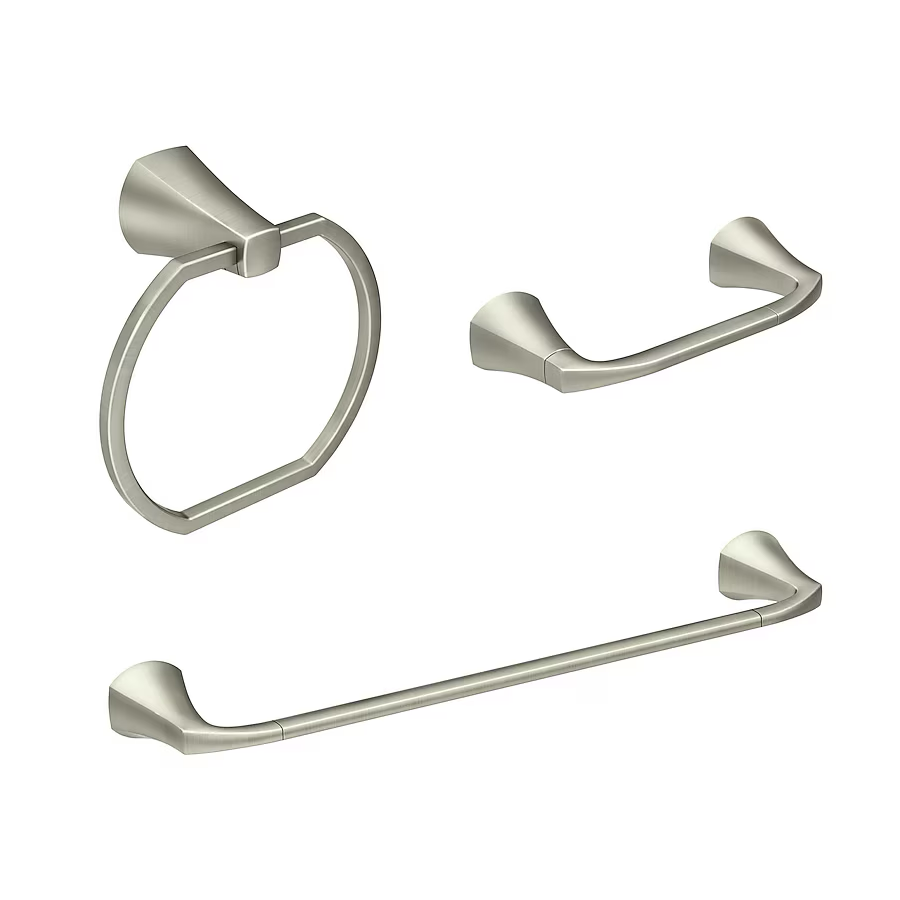 Moen 3-teiliges Lindor Badezimmer-Hardware-Set aus gebürstetem Nickel mit Handtuchstange, Toilettenpapierhalter und Handtuchring