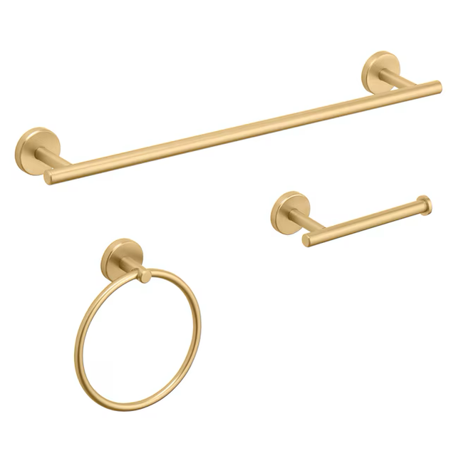 allen + roth 3-Piece Harlow Brushed Gold Decorative Bathroom Hardware Set with Towel Bar,Toilet Paper Holder and Towel Ring