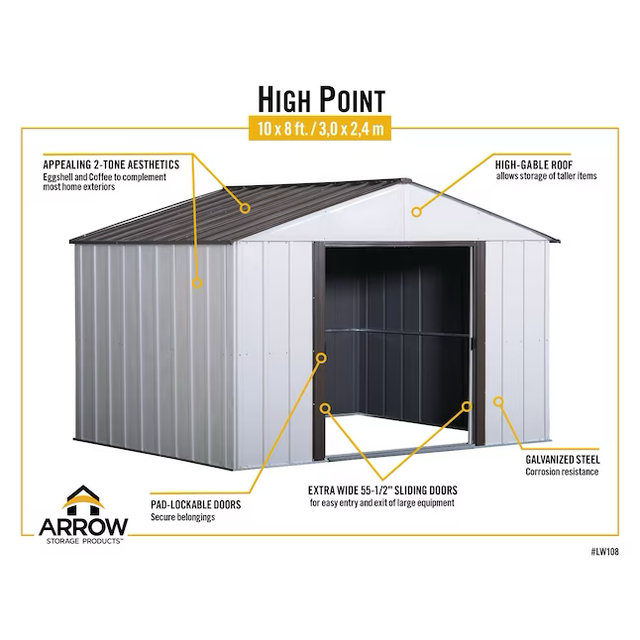 Arrow 10-ft x 8-ft High Point Galvanized Steel Storage Shed