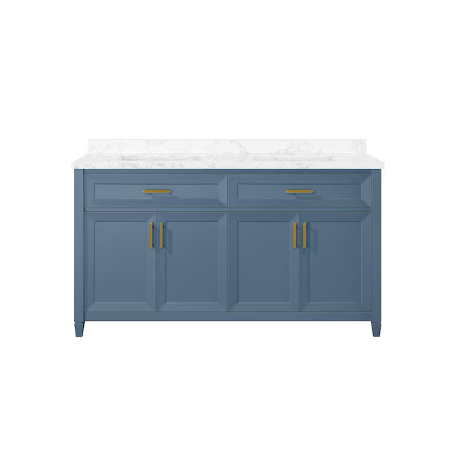 Mueble de baño con lavabo doble bajo encimera de 60 pulgadas en color azul Chambray de Allen + Roth Lancashire con encimera de piedra artificial blanca