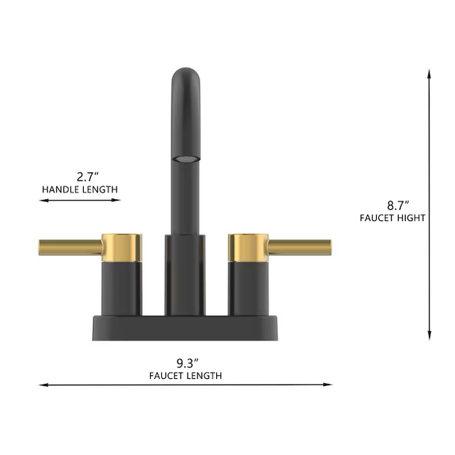 allen + roth Harlow 4-Zoll-Mittelset, 2-Griff-WaterSense-Waschbeckenarmatur in Mattschwarz und gebürstetem Gold mit Ablaufgarnitur und Deckplatte