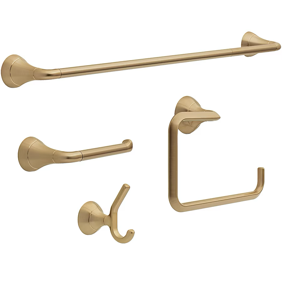 Juego de accesorios decorativos para baño Delta Eldren de 4 piezas en bronce champán con soporte para papel higiénico, aro para toallas y gancho para bata