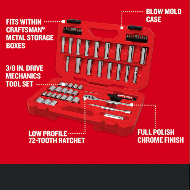 CRAFTSMAN Juego de herramientas mecánicas estándar (SAE) y métricas de cromo pulido de 61 piezas con estuche rígido