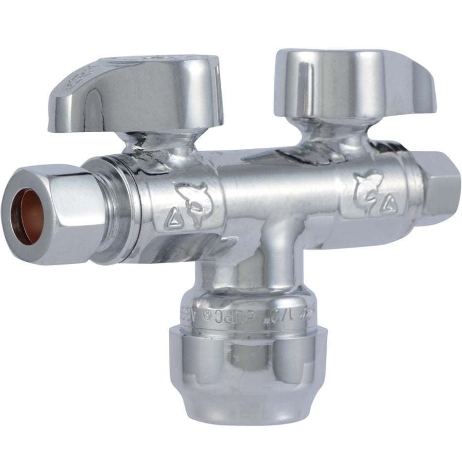 SharkBite 1/2 in. x 3/8 in. Compression x 1/4 in. Compression Brass Push Dual Shut-off Valve