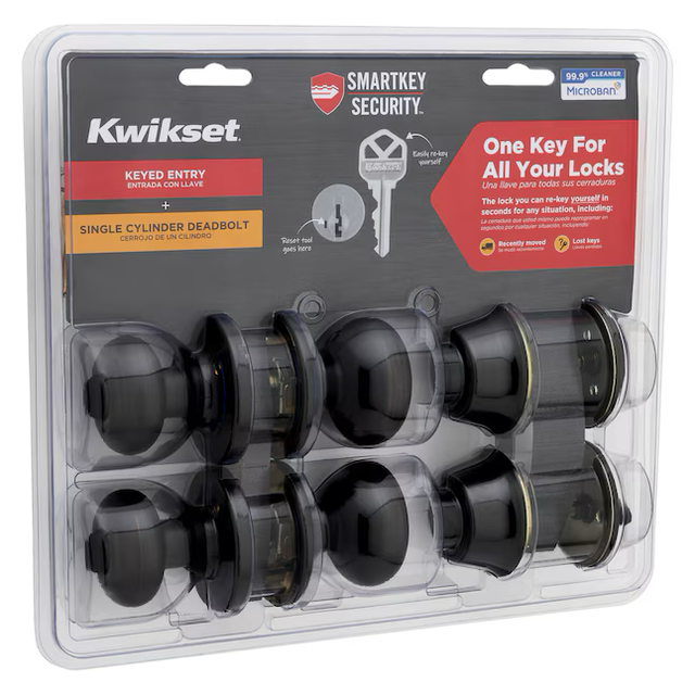 Kwikset Security Cove Venetian Bronze Smartkey Außen-Einzylinder-Riegelschloss, kombinierter Türknauf, Contractor Pack mit antimikrobieller Technologie (2er-Pack)