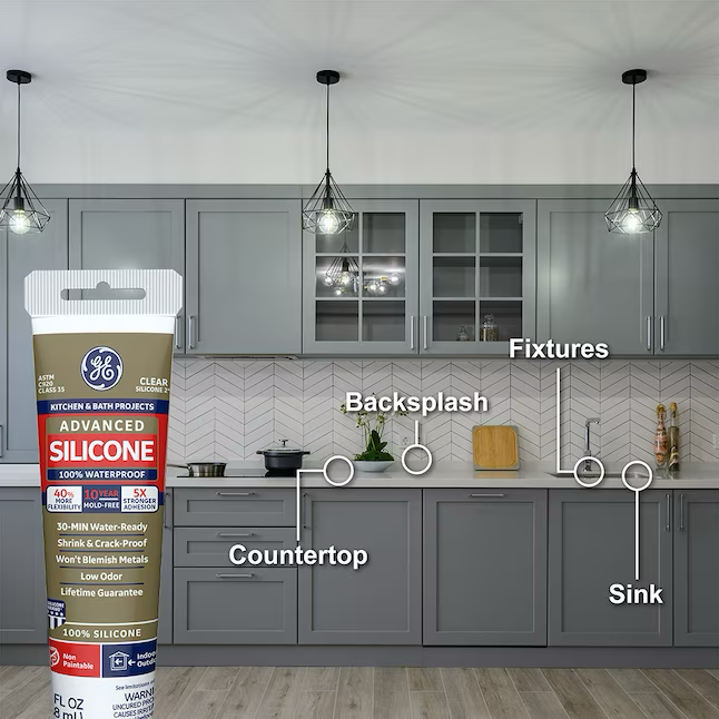 Masilla de silicona blanca GE Advanced Silicone 2 para cocinas, baños, bañeras y azulejos, 2.8 oz