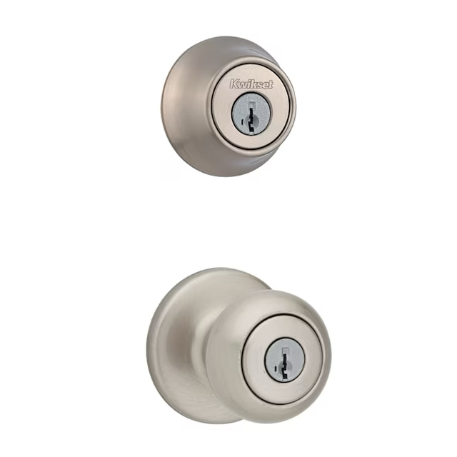 Kwikset Series Cove Satin Nickel Smartkey Exterior Single-cylinder deadbolt Combined Door Knob Combo Pack with Antimicrobial Technology