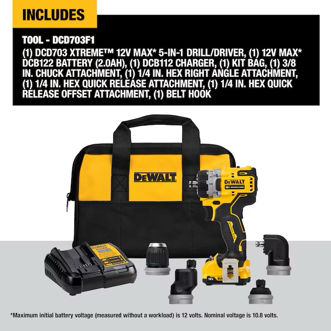 DEWALT XTREME 5-in-1 12-Volt Max 3/8-Zoll bürstenloser Akku-Bohrer (1 Akku enthalten, Ladegerät enthalten und weiche Tasche enthalten)