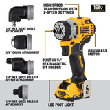 DEWALT XTREME Taladro inalámbrico sin escobillas 5 en 1, 12 voltios máx., 3/8 pulgadas (1 batería incluida, cargador incluido y bolsa blanda incluida)