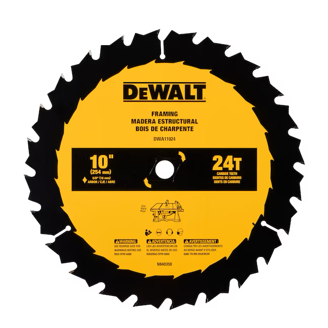 DEWALT Sägeblätter mit großem Durchmesser, 10 Zoll, 24 Zähne, grobes Finish, Tischkreissägeblatt aus Stahl mit Wolframkarbidspitze