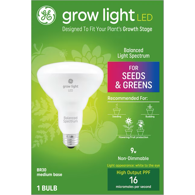 GE Grow: Seeds and Greens Bombilla LED de base media (e-26) de espectro equilibrado EQ BR30 de 9 vatios (e-26)