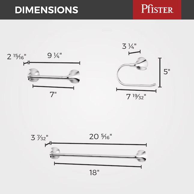 Pfister 3-teiliges Badezimmer-Hardware-Set „Rancho“ aus poliertem Chrom mit Handtuchstange, Toilettenpapierhalter und Handtuchring