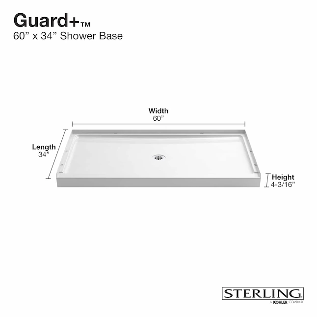 Sterling 34-in W x 60-in L with Center Drain Single Threshold Rectangle Shower Base (White)