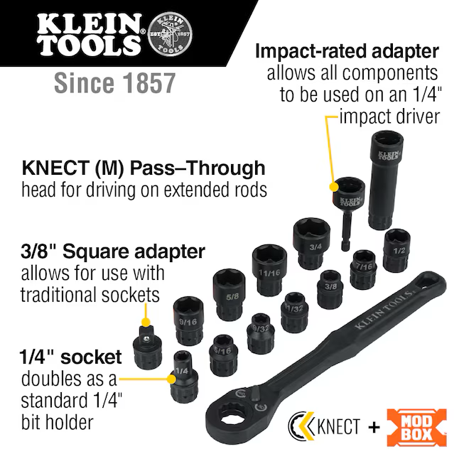 Juego de vasos profundos de 15 piezas estándar (SAE) con accionamiento de 3/8 pulgadas y 6 puntas con clasificación de impacto Klein Tools