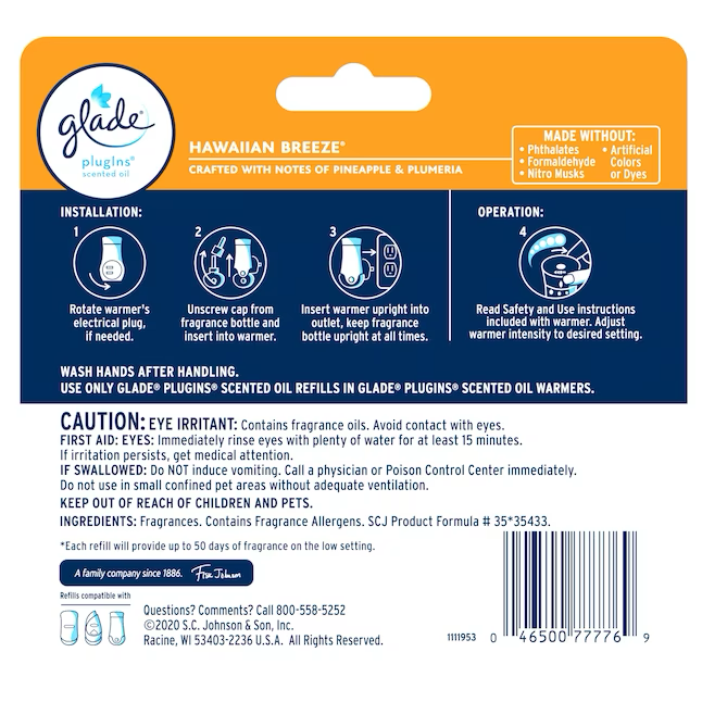 Glade Scented Oil 0.67-fl oz Ambientador de recambio Hawaiian Breeze (paquete de 5)