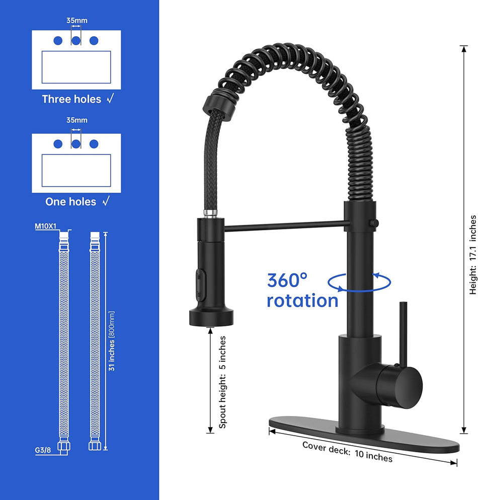 IBOFYY Single Handle Commercial Kitchen Sink Faucet with Multifunctional Pull-Down Spout (Matte Black)