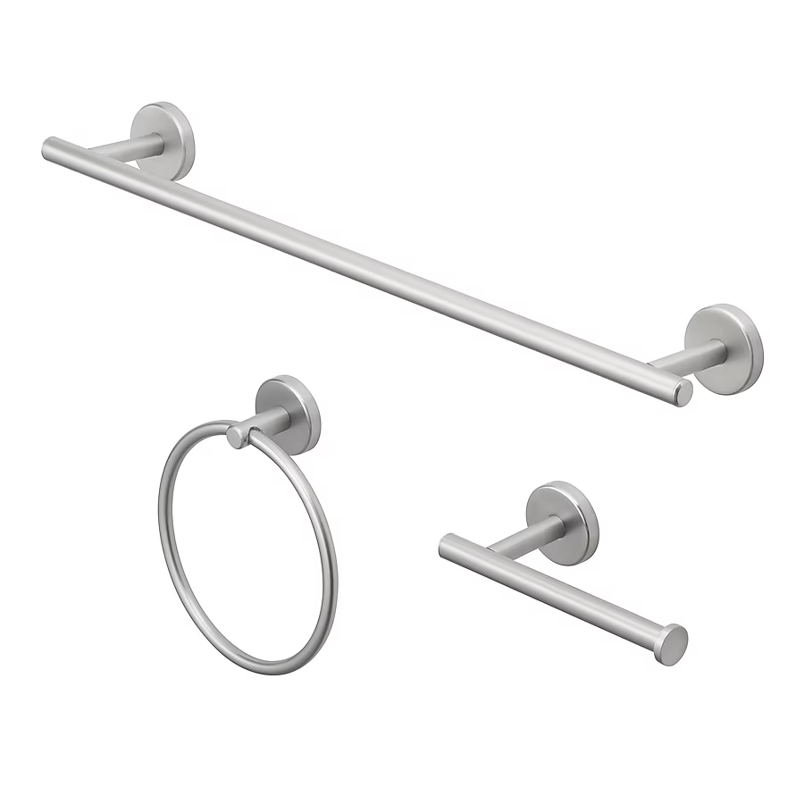 allen + roth 3-Piece Harlow Brushed Nickel Decorative Bathroom Hardware Set with Towel Bar,Toilet Paper Holder and Towel Ring