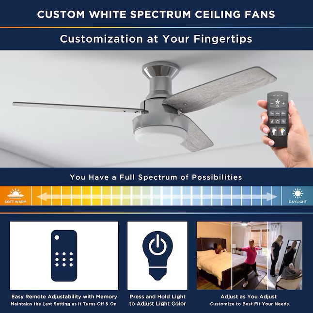 Harbor Breeze Mac III Easy2Hang 52-in Brushed Nickel Color-changing Indoor Flush Mount Ceiling Fan with Light and Remote (3-Blade)