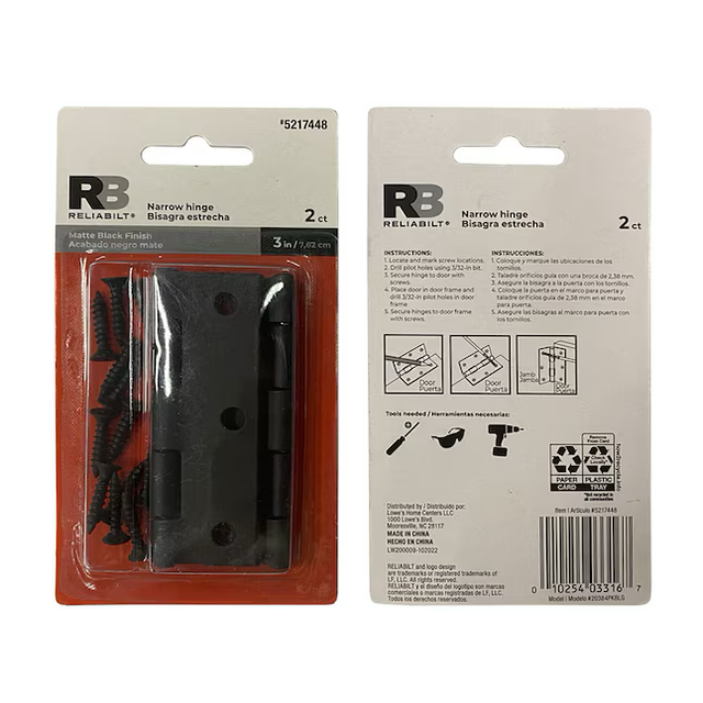 Bisagra para puerta interior/exterior embutida negra mate de 3 in de alto RELIABILT (paquete de 2)