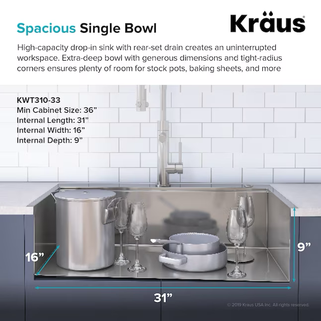 Kraus Kore Workstation Dual-mount 33-in x 22-in Stainless Steel Single Bowl 2-Hole Workstation Kitchen Sink