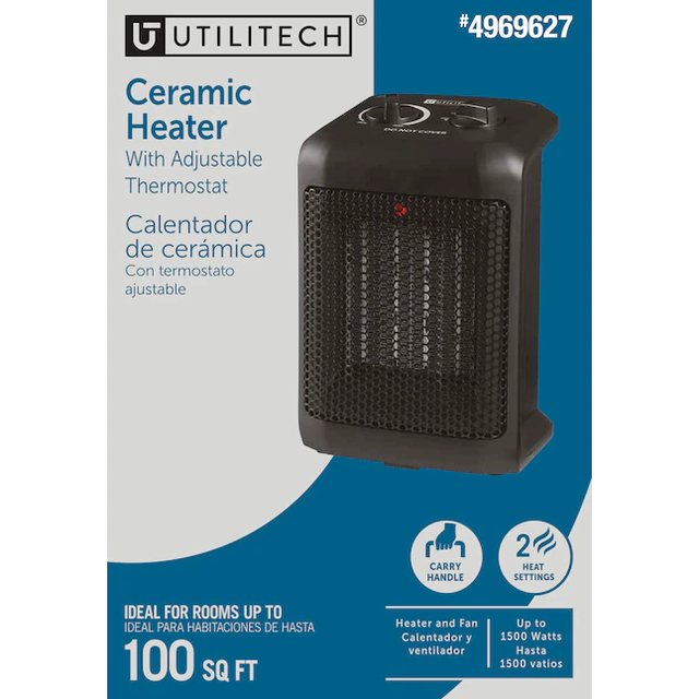 Utilitech Up to 1500-Watt Ceramic Compact Personal Indoor Electric Space Heater with Thermostat