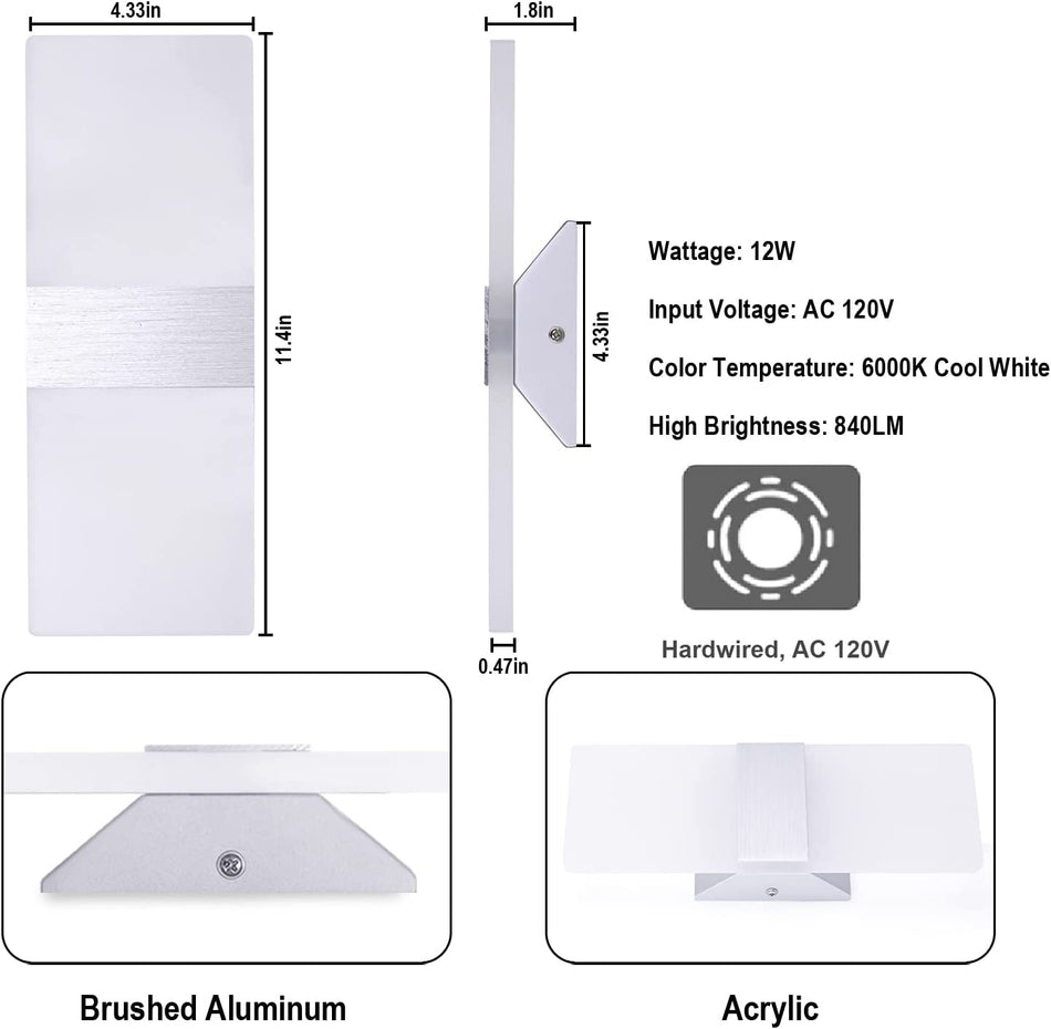 TRLIFE Modern Wall Sconces 12W 6000K Cool White Acrylic Wall Mounted Light Wall Lights (2 Pack)