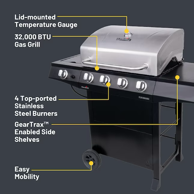 Parrilla de gas propano líquido Char-Broil Performance Series negra de 4 quemadores con 1 quemador lateral