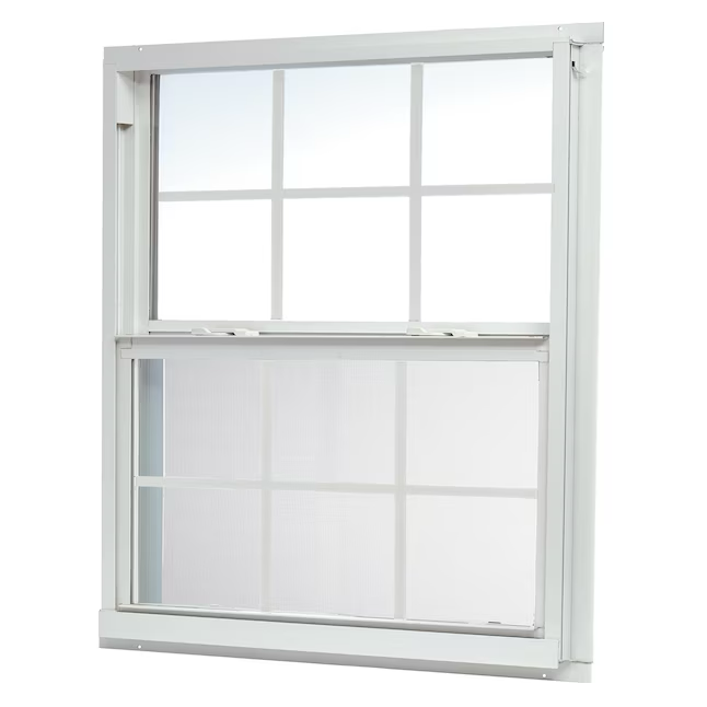 RELIABILT Serie 46000 Nueva construcción Ventana de guillotina de baja emisividad de aluminio blanco de jamba de 35-1/2 x 35-1/2 x 2-5/8 pulgadas con rejillas y media pantalla incluida