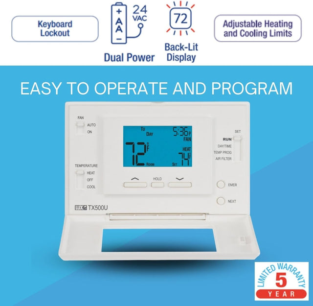 LuxPro P521U Programmable 5-2 Day Thermostat, 2H/1C