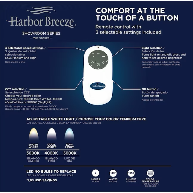 Harbor Breeze The Stokes 52-Zoll-Deckenventilator aus gebürstetem Nickel mit farbwechselndem integriertem LED-Innendeckenventilator mit Licht und Fernbedienung (3 Flügel)