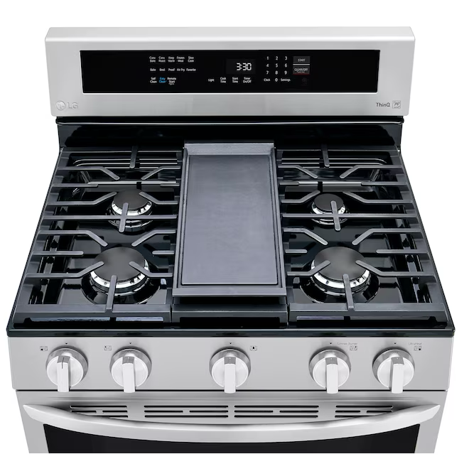 LG InstaView 30 pulgadas, 5 quemadores, 5.8 pies cúbicos, horno de convección para freír con aire autolimpiante, estufa de gas natural inteligente independiente (acero inoxidable)