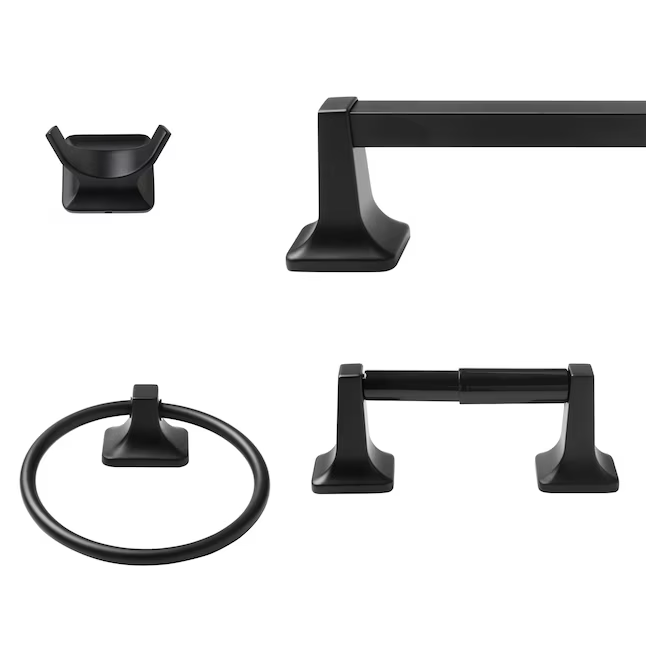 Project Source 4-Piece Seton Matte Black Decorative Bathroom Hardware Set with Towel Bar, Toilet Paper Holder, Towel Ring and Robe Hook