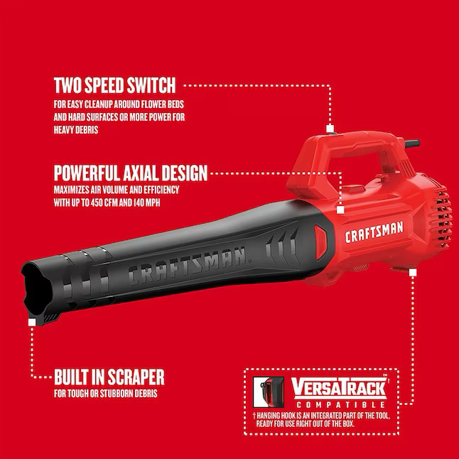 Soplador de hojas eléctrico de mano con cable CRAFTSMAN 450-CFM 140-MPH