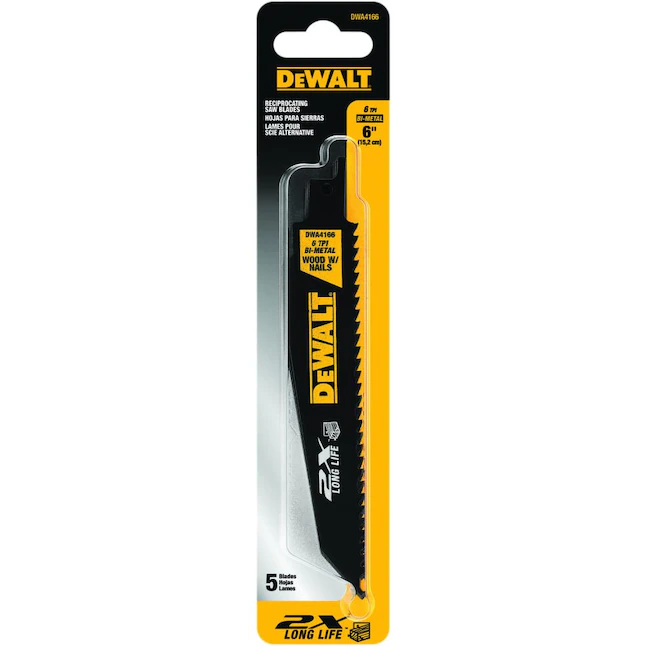 DeWalt 2X Hoja de sierra recíproca de demolición de corte integrada para madera/clavos bimetálica de 6 pulgadas y 6 TPI (paquete de 5)