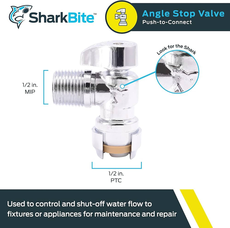 SharkBite Válvula de cierre en ángulo de cuarto de vuelta de latón cromado MIP de 1/2 pulg. de conexión a presión x 1/2 pulg.