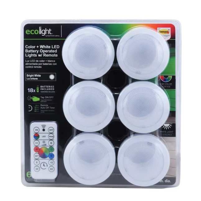 Ecolight 6-Pack 3-in Battery RGBW Magnetic Tap LED Puck Light with IR Remote