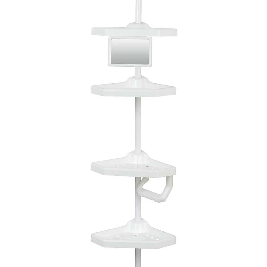 Style Selections White Steel 4-Shelf Tension Pole Freestanding Shower Caddy 13.4-in x 9.4-in x 97-in