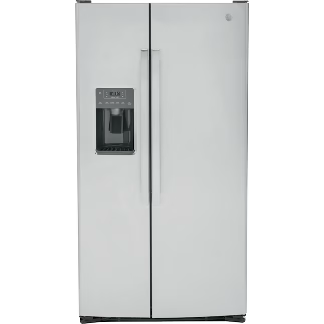 Refrigerador de dos puertas verticales GE de 25.3 pies cúbicos con máquina de hielo, dispensador de agua y hielo (acero inoxidable)