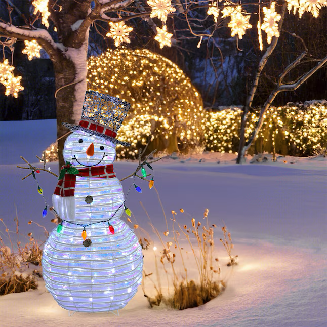 Decoración navideña con forma de muñeco de nieve de ratán blanco de 4 pies con luces LED