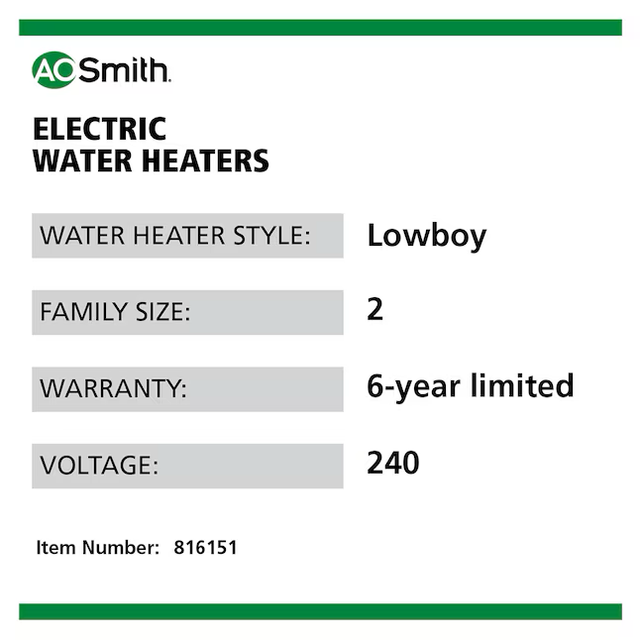 A.O. Smith  Signature 100 28-Gallon Lowboy 6-year Limited Warranty 4500-Watt Double Element Electric Water Heater