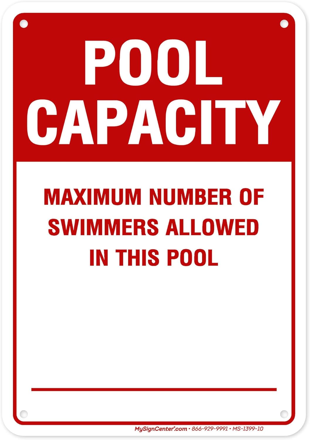 Schild „Poolkapazität – Maximale Anzahl an Schwimmern, die in diesem Pool erlaubt sind“ 7 Zoll x 10 Zoll. 